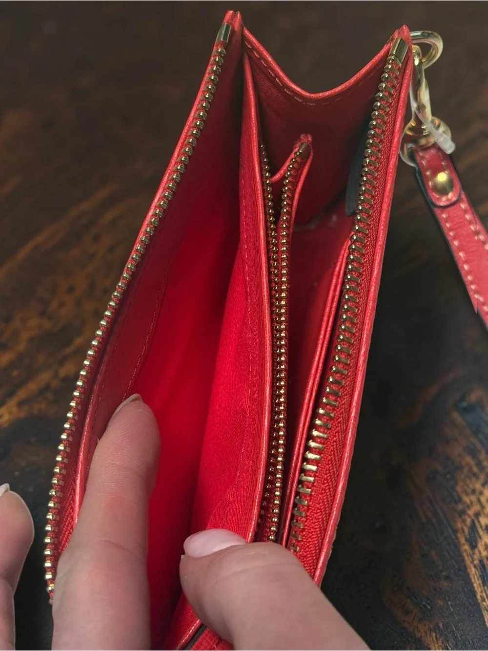 NWT Dooney & Bourke Red Saffiano Zip Leather Wristlet with Gold Logo